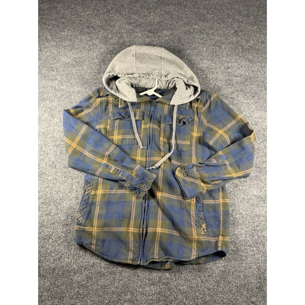 Empyre Hooded Zip Up Flannel Shirt Collar Blue Green Plaid